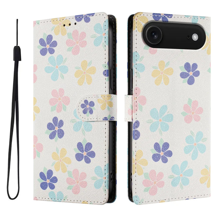For iPhone Air Case Pattern Print PU Leather Wallet Phone Cover with Wrist Strap - Colored Flowers - 1