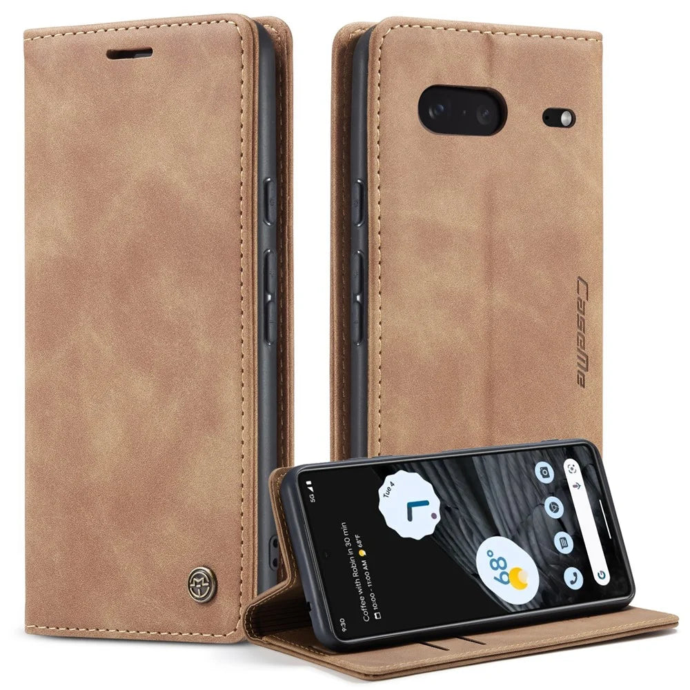 CASEME 013 Series Anti-drop Flip Phone Case for Google Pixel 7 5G, Magnetic Auto-absorbed Anti-scratch PU Leather Phone Cover with Wallet Stand - Brown - 1