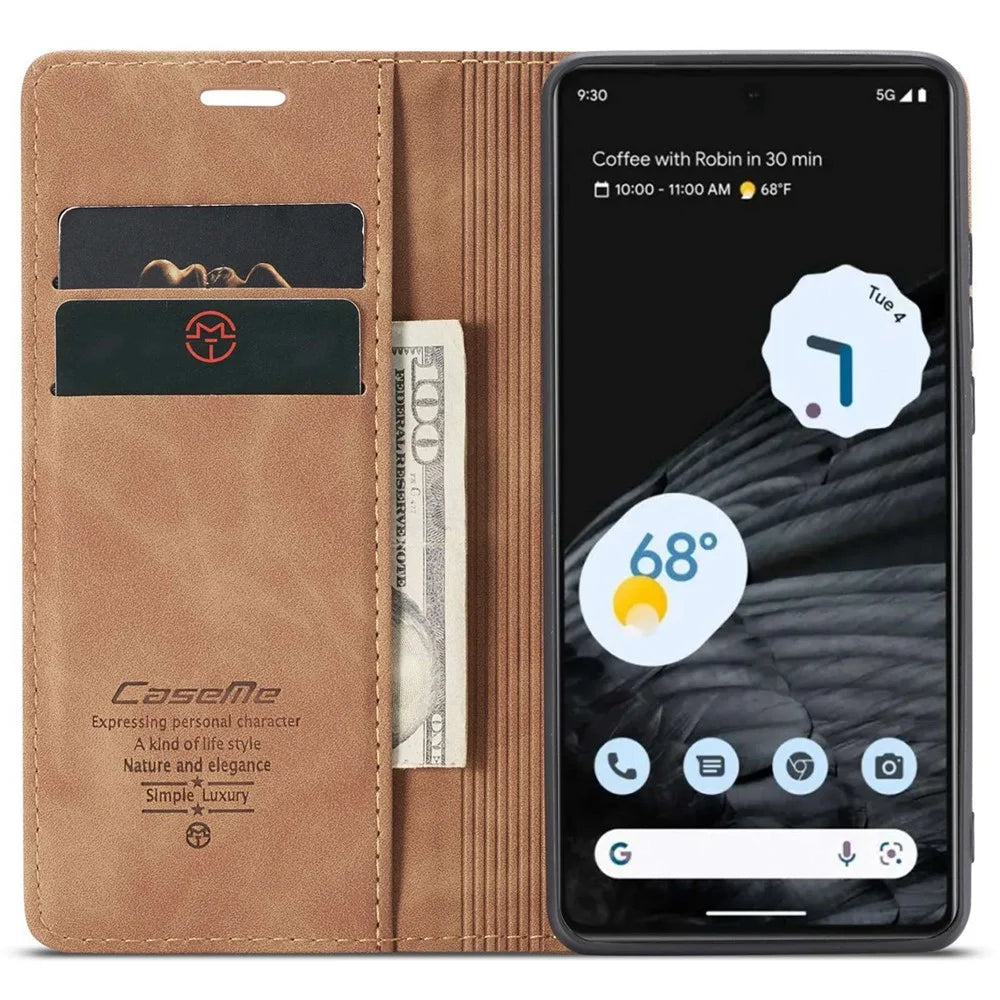 CASEME 013 Series Anti-drop Flip Phone Case for Google Pixel 7 5G, Magnetic Auto-absorbed Anti-scratch PU Leather Phone Cover with Wallet Stand - Brown - 2