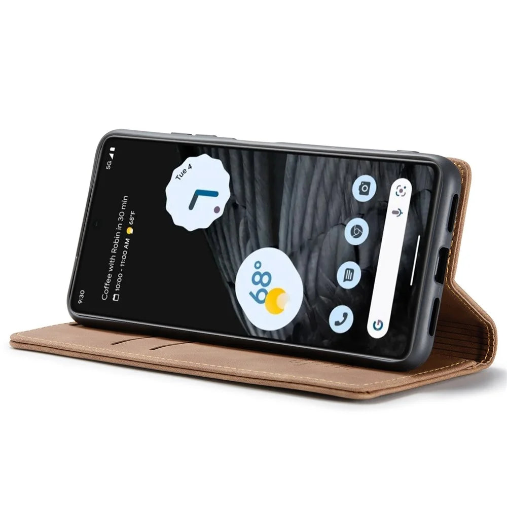 CASEME 013 Series Anti-drop Flip Phone Case for Google Pixel 7 5G, Magnetic Auto-absorbed Anti-scratch PU Leather Phone Cover with Wallet Stand - Brown - 3