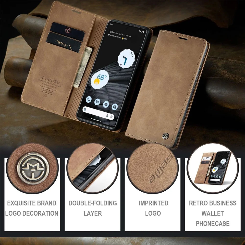 CASEME 013 Series Anti-drop Flip Phone Case for Google Pixel 7 5G, Magnetic Auto-absorbed Anti-scratch PU Leather Phone Cover with Wallet Stand - Brown - 4