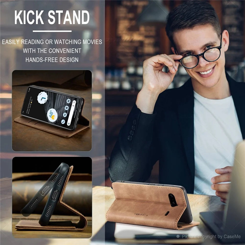 CASEME 013 Series Anti-drop Flip Phone Case for Google Pixel 7 5G, Magnetic Auto-absorbed Anti-scratch PU Leather Phone Cover with Wallet Stand - Brown - 5