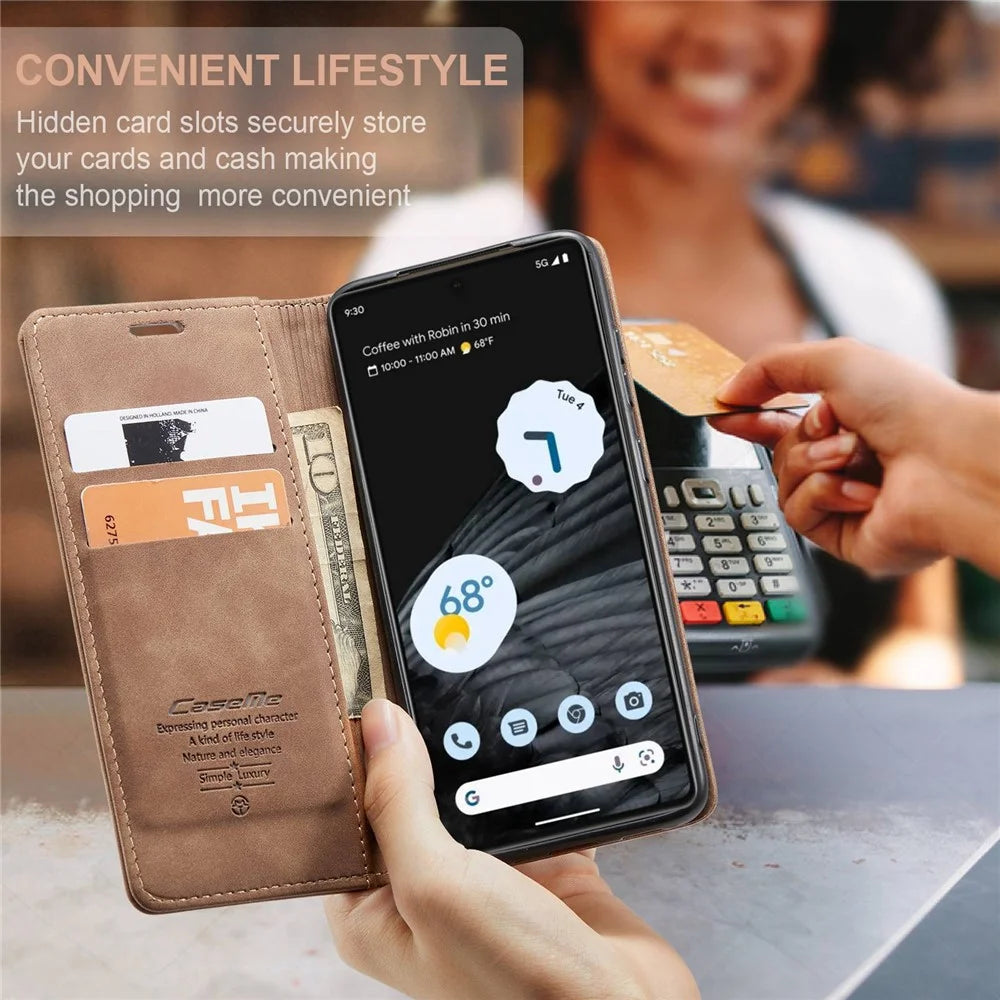 CASEME 013 Series Anti-drop Flip Phone Case for Google Pixel 7 5G, Magnetic Auto-absorbed Anti-scratch PU Leather Phone Cover with Wallet Stand - Brown - 6