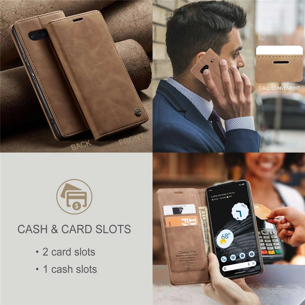 CASEME 013 Series Anti-drop Flip Phone Case for Google Pixel 7 5G, Magnetic Auto-absorbed Anti-scratch PU Leather Phone Cover with Wallet Stand - Brown - 7