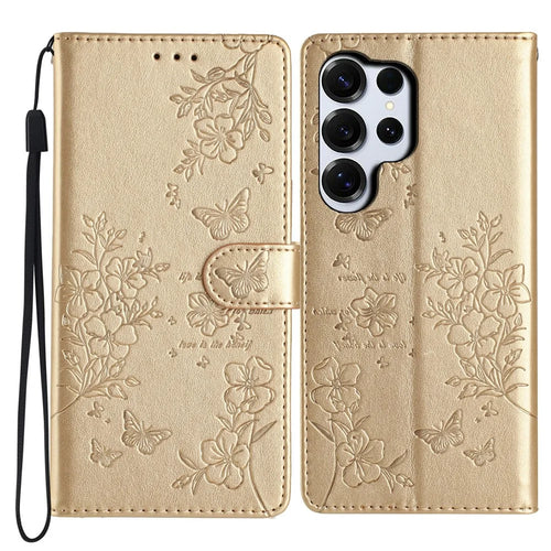 For Samsung Galaxy S26 Ultra Wallet Phone Case Butterfly Floral Imprint Leather Flip Cover with Strap - Gold - 1