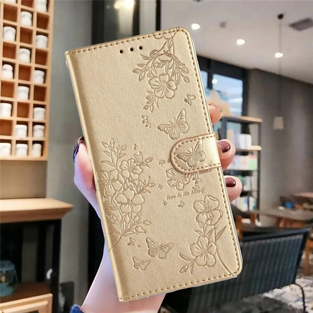For Samsung Galaxy S26 Ultra Wallet Phone Case Butterfly Floral Imprint Leather Flip Cover with Strap - Gold - 5