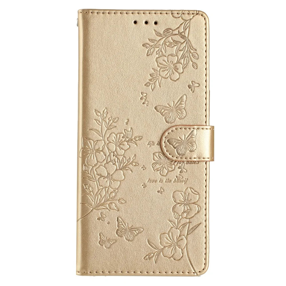 For Samsung Galaxy S26 Ultra Wallet Phone Case Butterfly Floral Imprint Leather Flip Cover with Strap - Gold - 6