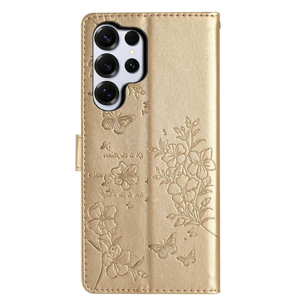 For Samsung Galaxy S26 Ultra Wallet Phone Case Butterfly Floral Imprint Leather Flip Cover with Strap - Gold - 7