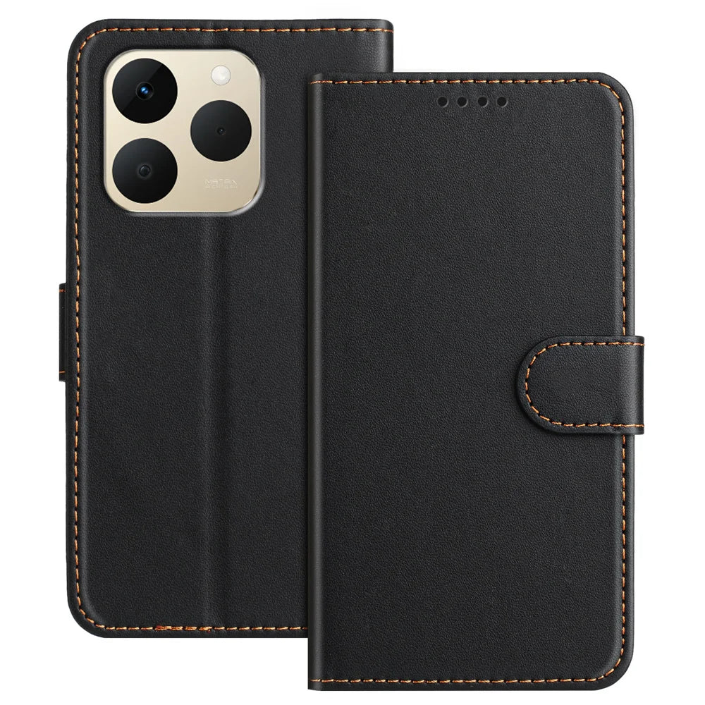 For Realme 15T 5G Leather Case Wallet Stand Solid Color Anti Drop Phone Cover - Black - 1