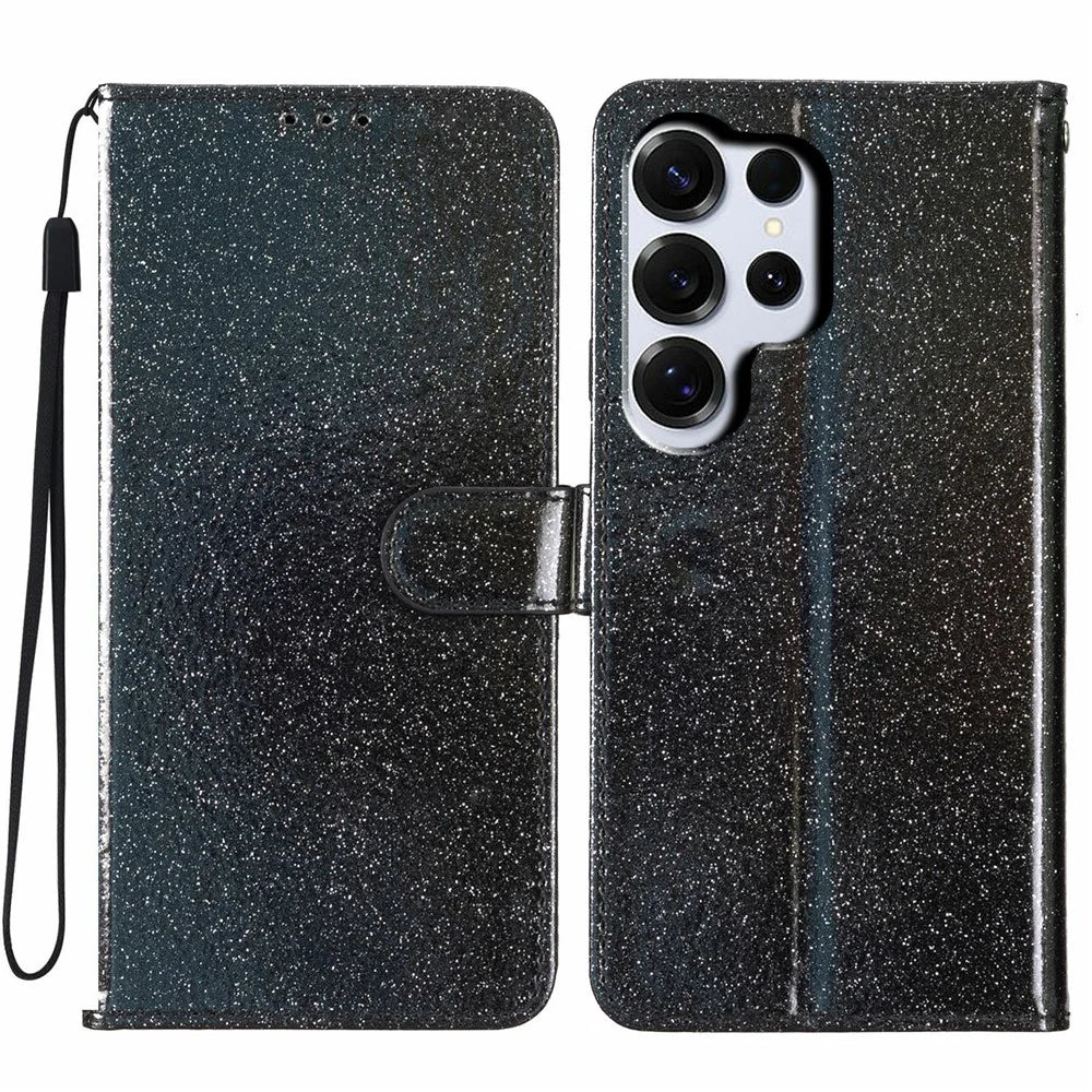 For Samsung Galaxy S26 Ultra Wallet Case Glitter Anti-Scratch Leather Stand Phone Cover with Strap - Black - 1