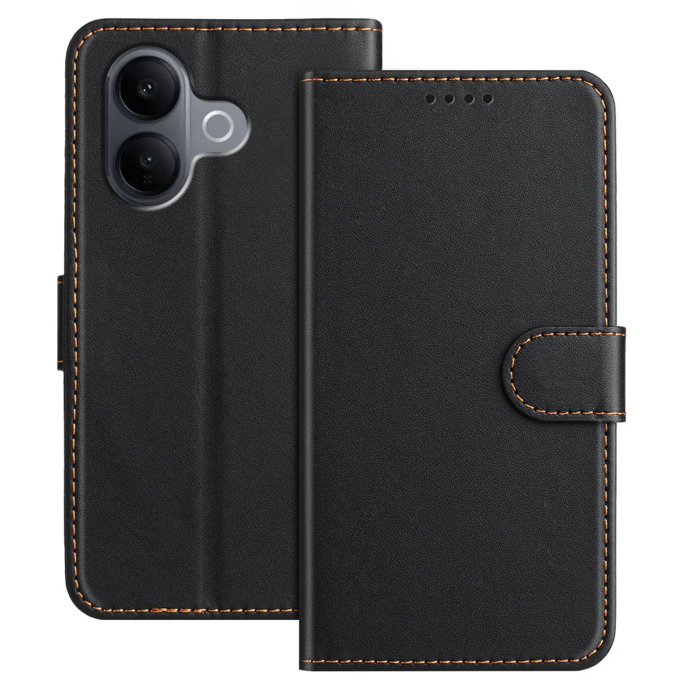 For vivo V60 Lite 5G Leather Case Wallet Stand Solid Color Anti Drop Phone Cover - Black - 1