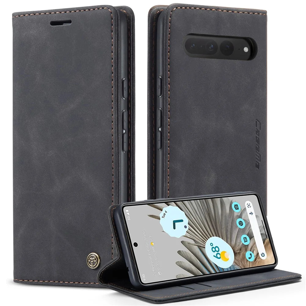 CASEME 013 Series for Google Pixel 7 Pro 5G Full Protection Phone Case PU Leather Flip Wallet Cover Stand Magnetic Auto-absorbed Shell - Black - 1