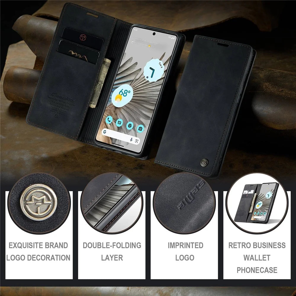 CASEME 013 Series for Google Pixel 7 Pro 5G Full Protection Phone Case PU Leather Flip Wallet Cover Stand Magnetic Auto-absorbed Shell - Black - 4