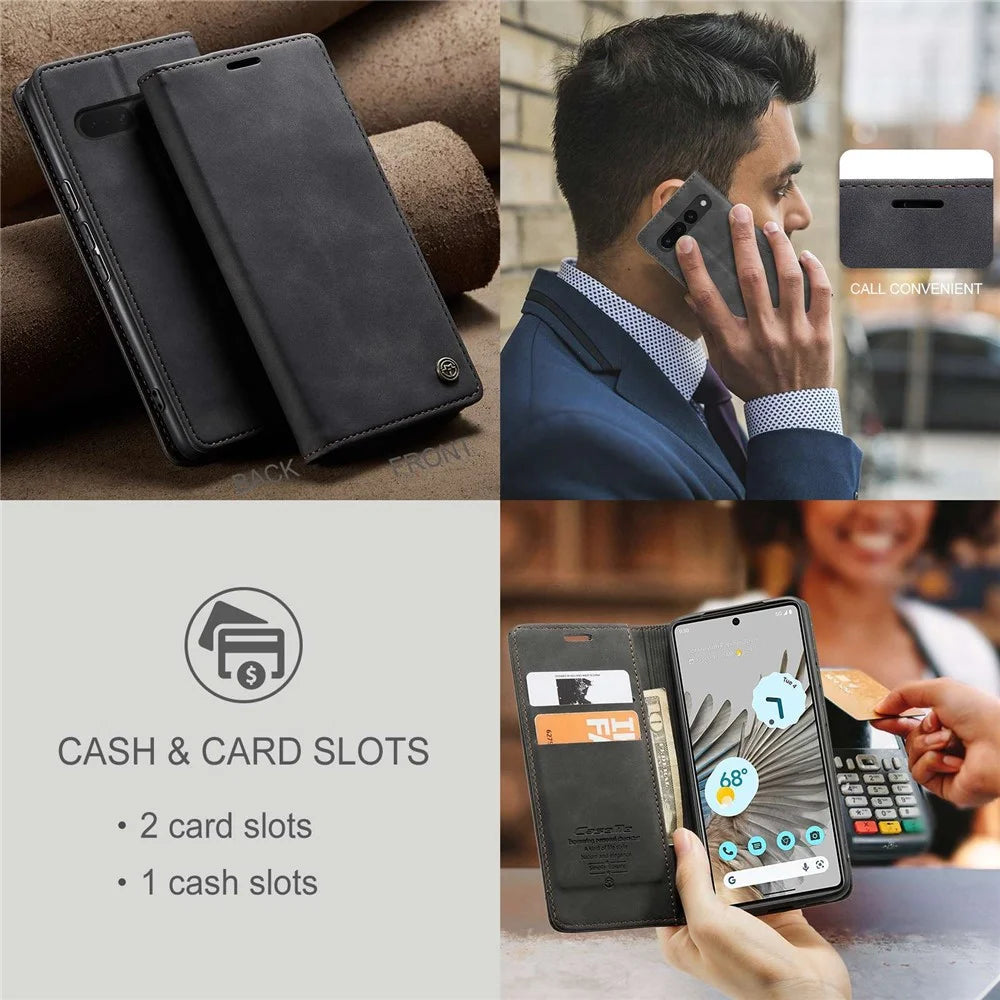 CASEME 013 Series for Google Pixel 7 Pro 5G Full Protection Phone Case PU Leather Flip Wallet Cover Stand Magnetic Auto-absorbed Shell - Black - 6