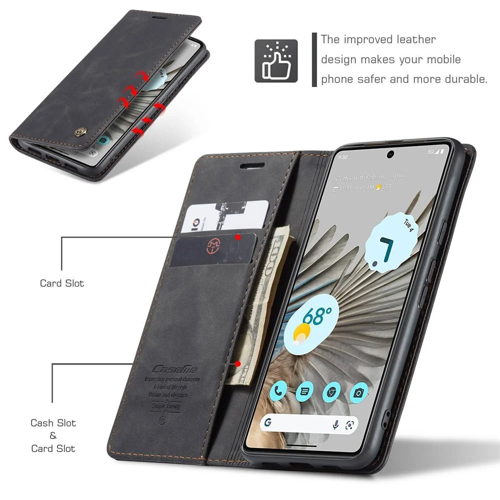 CASEME 013 Series for Google Pixel 7 Pro 5G Full Protection Phone Case PU Leather Flip Wallet Cover Stand Magnetic Auto-absorbed Shell - Black - 7