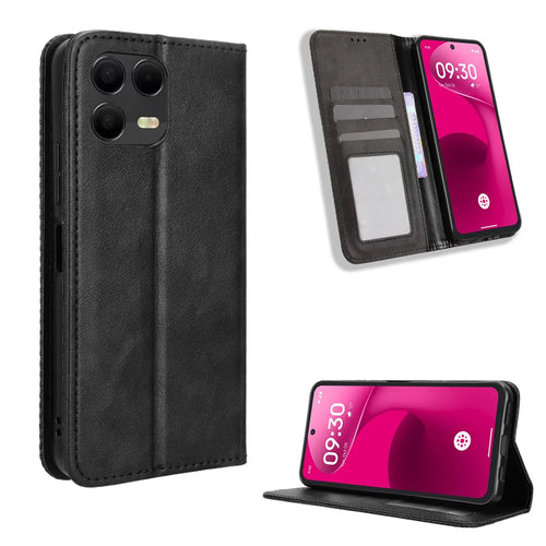 For T-Mobile Revvl 8 Pro Leather Case Wallet Stand Retro Texture Phone Cover - Black - 1