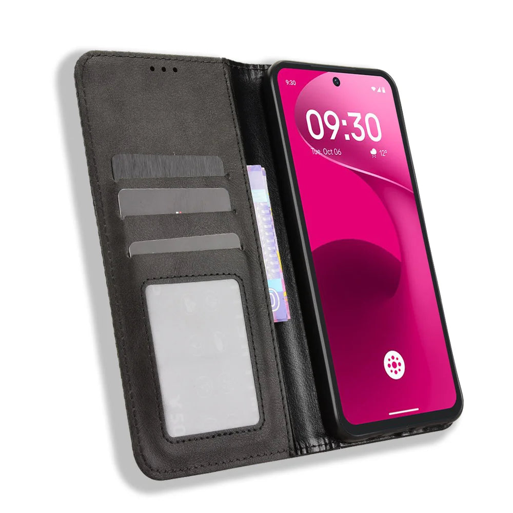 For T-Mobile Revvl 8 Pro Leather Case Wallet Stand Retro Texture Phone Cover - Black - 6