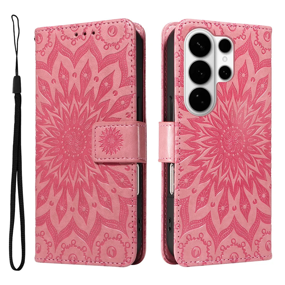 For Samsung Galaxy S26 Ultra Leather Wallet Case Sunflower Imprinted Phone Cover - Pink - 1