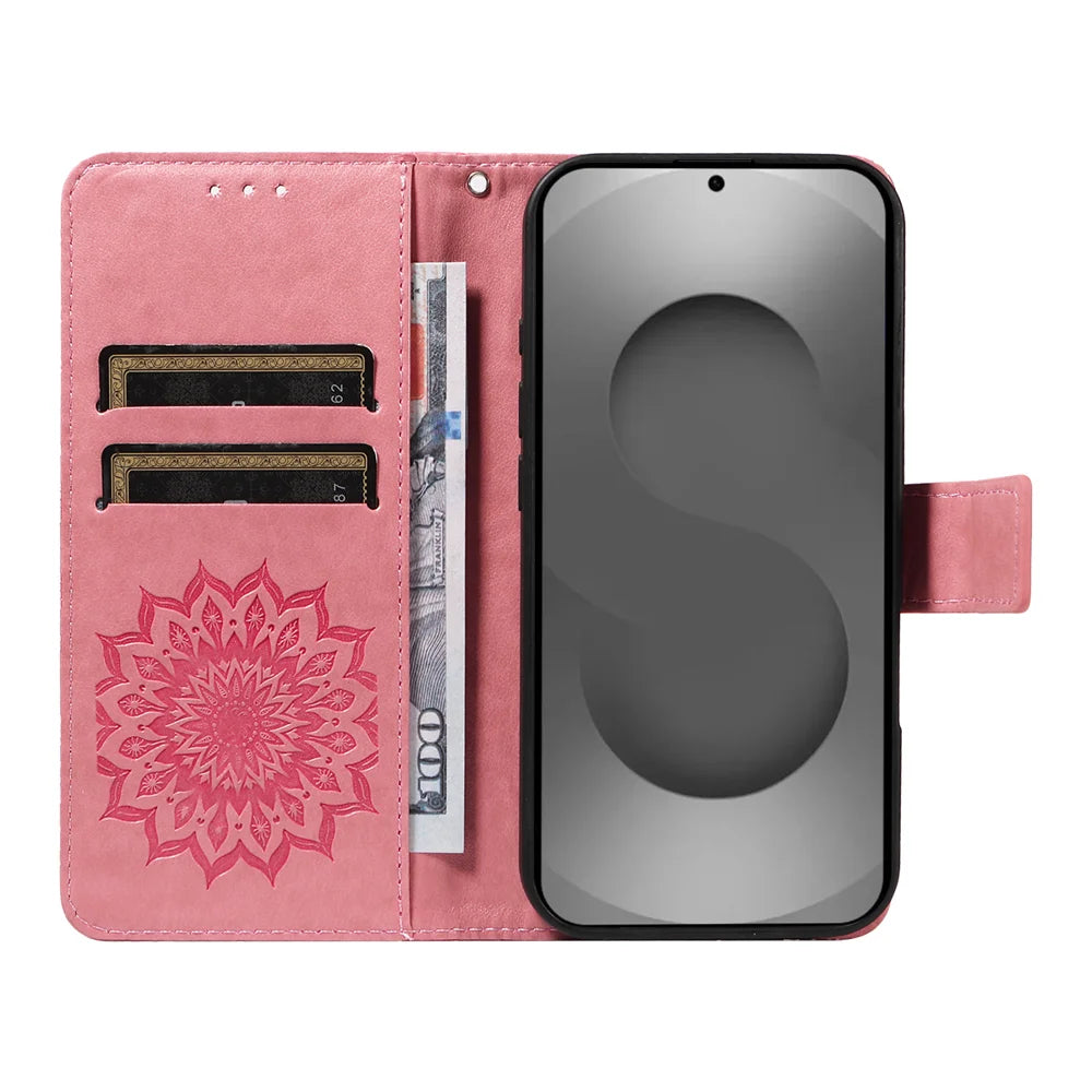 For Samsung Galaxy S26 Ultra Leather Wallet Case Sunflower Imprinted Phone Cover - Pink - 2