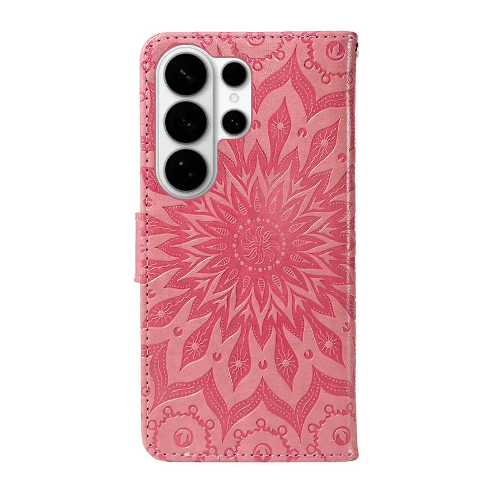 For Samsung Galaxy S26 Ultra Leather Wallet Case Sunflower Imprinted Phone Cover - Pink - 7