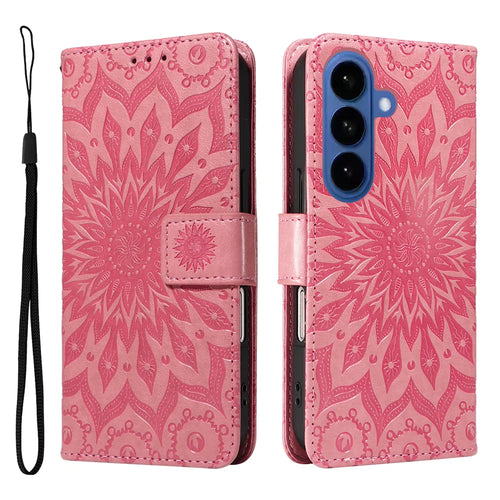 For Samsung Galaxy S26 Leather Wallet Case Sunflower Imprinted Phone Cover - Pink - 1