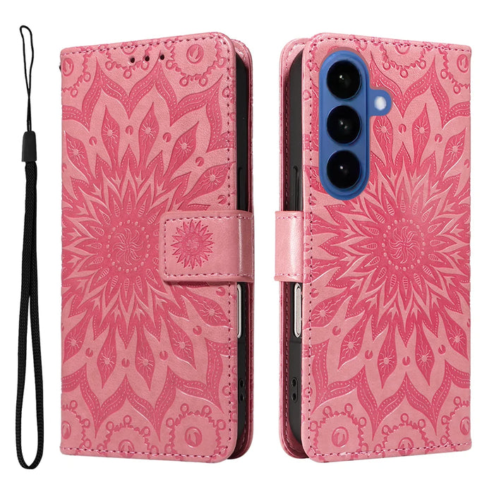 For Samsung Galaxy S26 Leather Wallet Case Sunflower Imprinted Phone Cover - Pink - 1