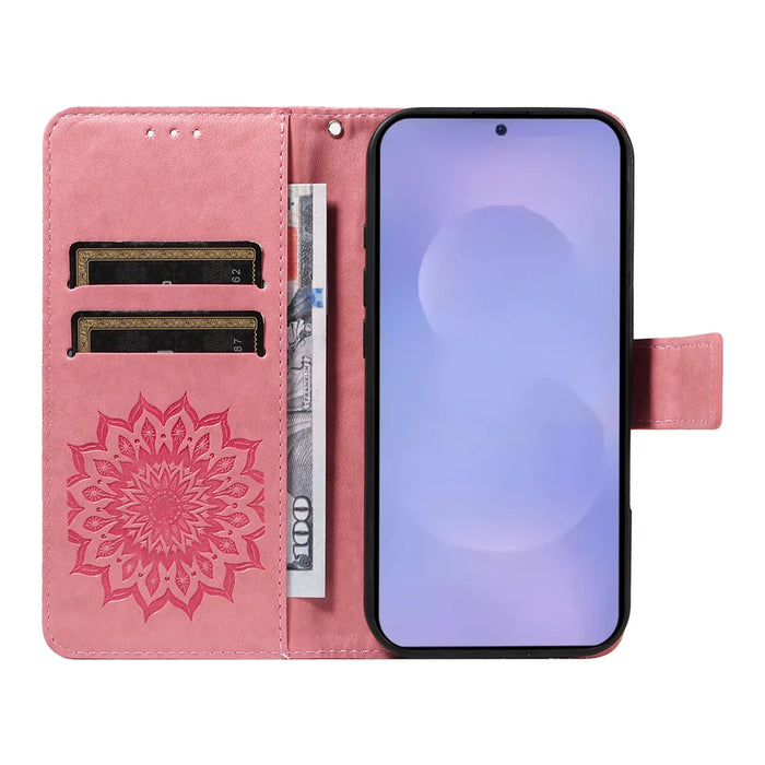 For Samsung Galaxy S26 Leather Wallet Case Sunflower Imprinted Phone Cover - Pink - 2