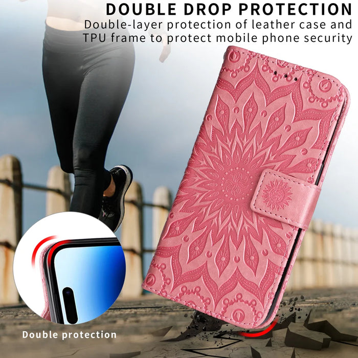 For Samsung Galaxy S26 Leather Wallet Case Sunflower Imprinted Phone Cover - Pink - 3