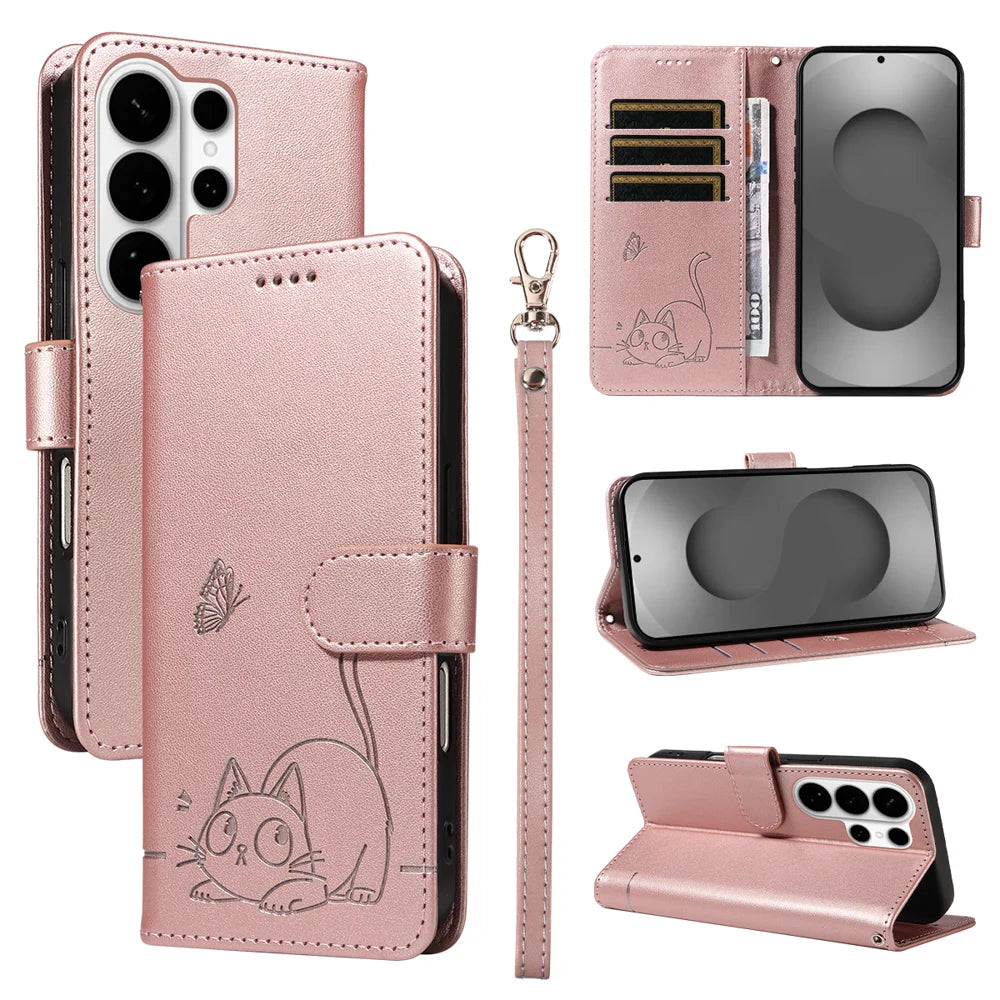 For Samsung Galaxy S26 Ultra Case Cat Pattern Imprint Leather Phone Cover with Wrist Strap - Rose Gold - 1