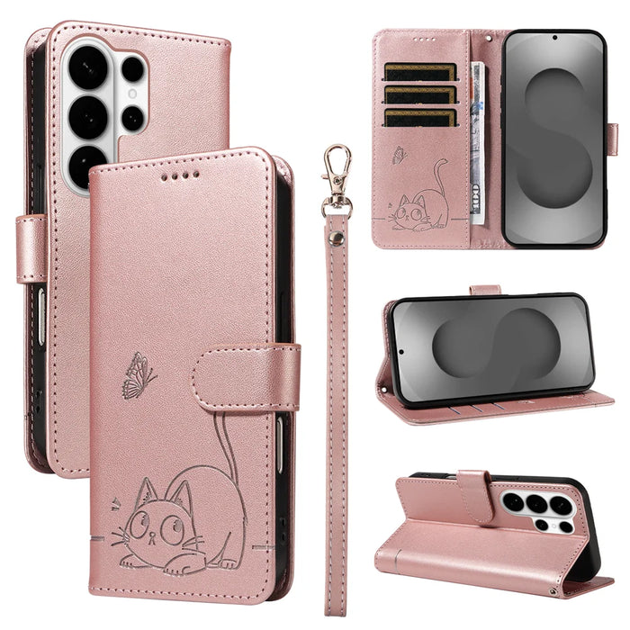 For Samsung Galaxy S26 Ultra Case Cat Pattern Imprint Leather Phone Cover with Wrist Strap - Rose Gold - 1