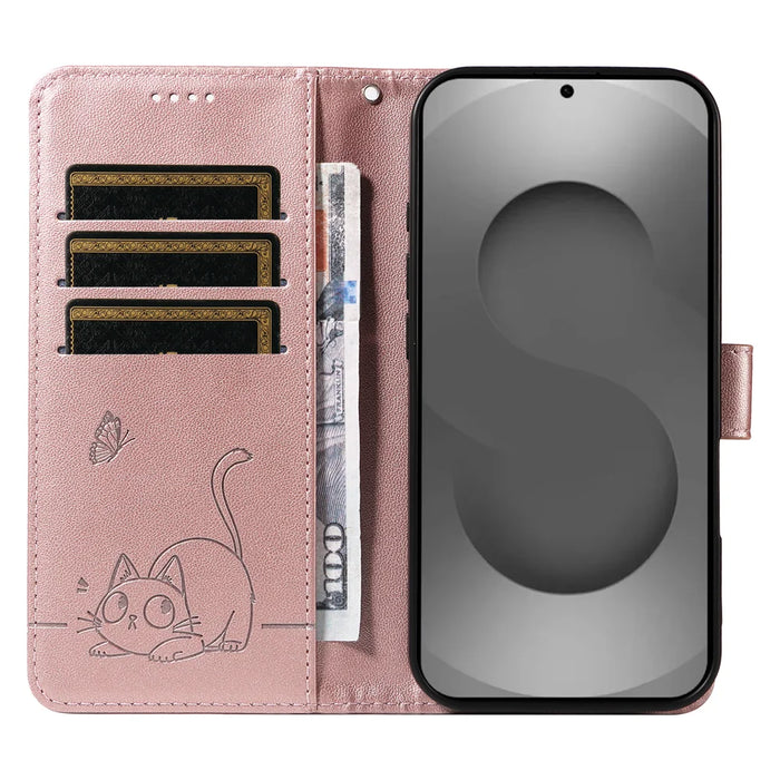 For Samsung Galaxy S26 Ultra Case Cat Pattern Imprint Leather Phone Cover with Wrist Strap - Rose Gold - 2