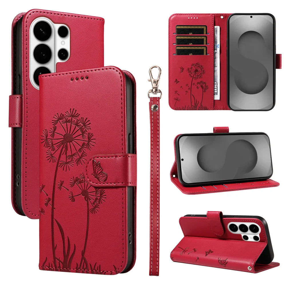 For Samsung Galaxy S26 Ultra Leather Wallet Case with Strap Dandelion Imprint Phone Stand Cover - Red - 1