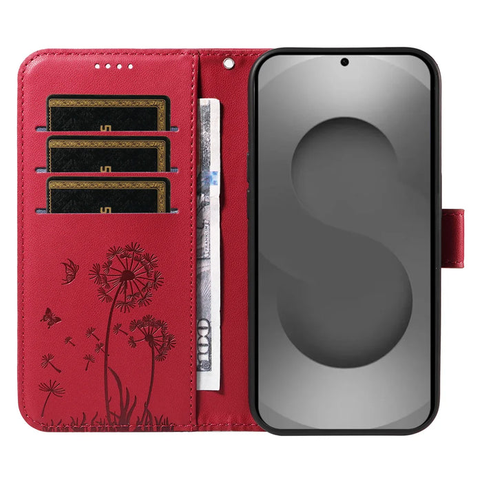 For Samsung Galaxy S26 Ultra Leather Wallet Case with Strap Dandelion Imprint Phone Stand Cover - Red - 2