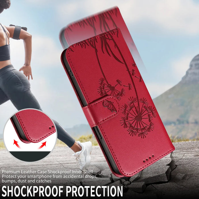 For Samsung Galaxy S26 Ultra Leather Wallet Case with Strap Dandelion Imprint Phone Stand Cover - Red - 3