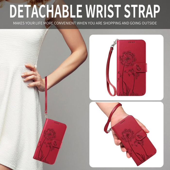 For Samsung Galaxy S26 Ultra Leather Wallet Case with Strap Dandelion Imprint Phone Stand Cover - Red - 4