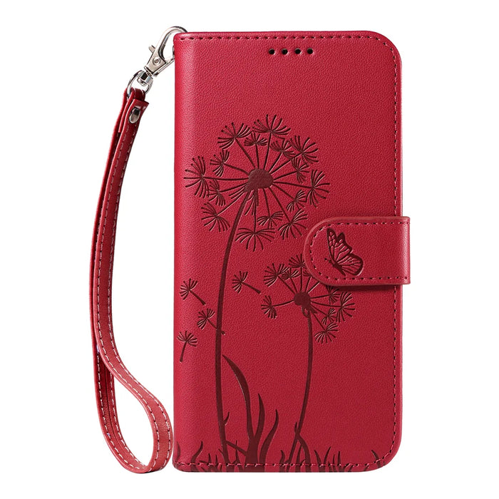 For Samsung Galaxy S26 Ultra Leather Wallet Case with Strap Dandelion Imprint Phone Stand Cover - Red - 6