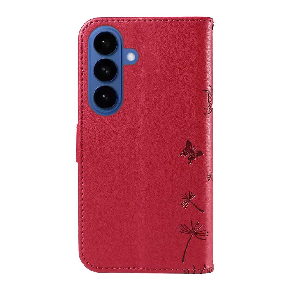 For Samsung Galaxy S26 Leather Wallet Case with Strap Dandelion Imprint Phone Stand Cover - Red - 7