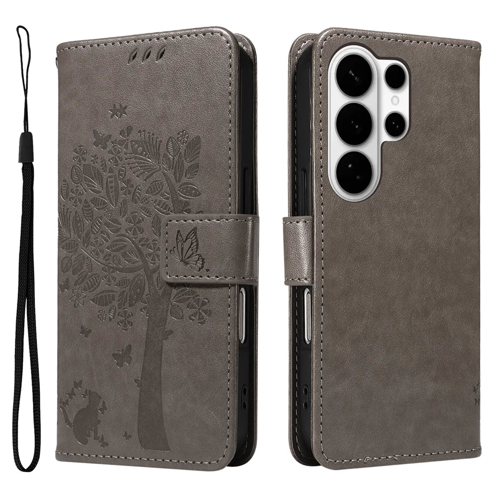 For Samsung Galaxy S26 Ultra Phone Case with Stand Cat Tree Pattern Leather Wallet Mobile Cover - Grey - 1