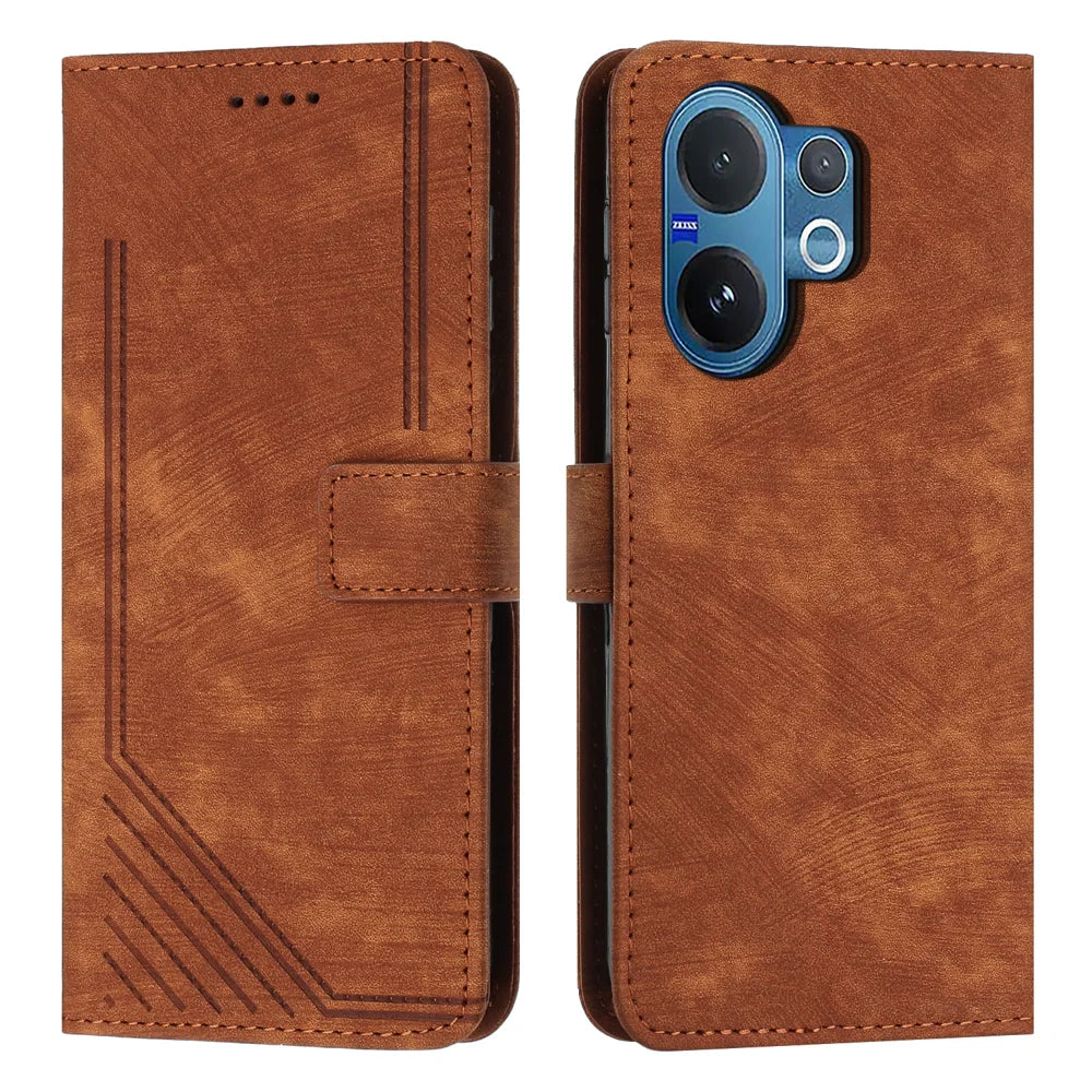 For vivo V60 5G Stand Case Imprinted Lines Leather Phone Cover - Brown - 1