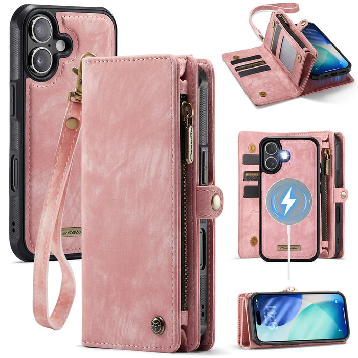 CASEME For iPhone 17 Phone Cases  008 Leather Cover with Detachable Wallet and Strap - Pink - 1