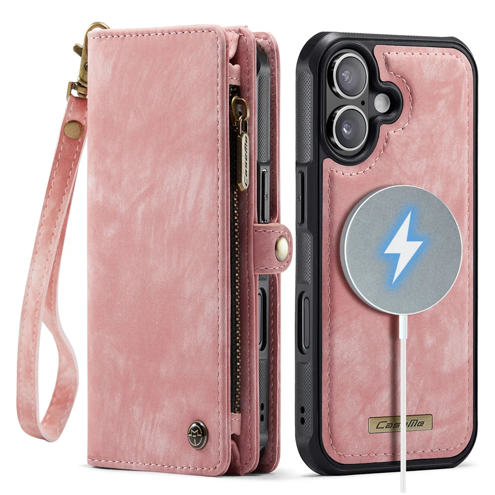 CASEME For iPhone 17 Phone Cases  008 Leather Cover with Detachable Wallet and Strap - Pink - 2