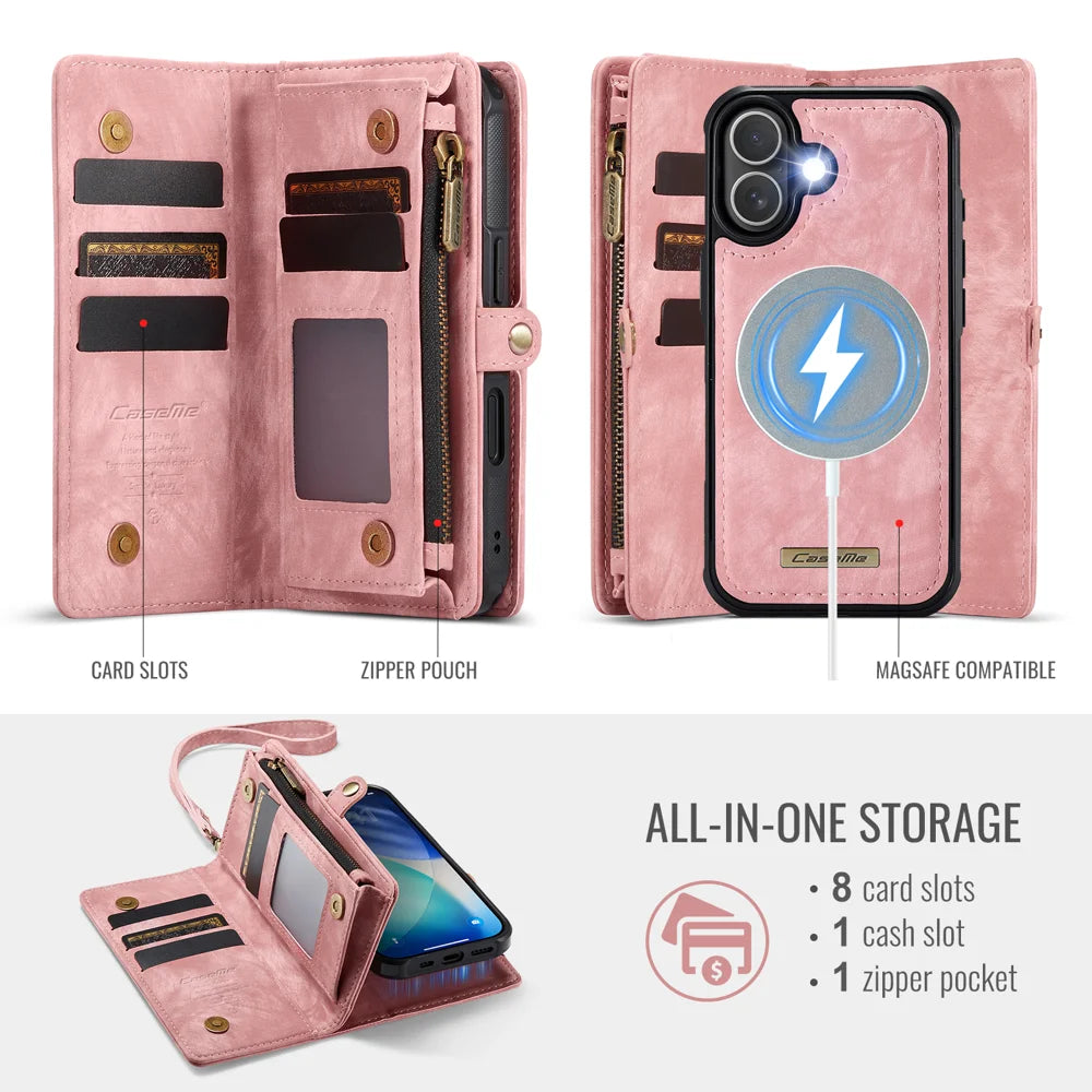 CASEME For iPhone 17 Phone Cases  008 Leather Cover with Detachable Wallet and Strap - Pink - 3