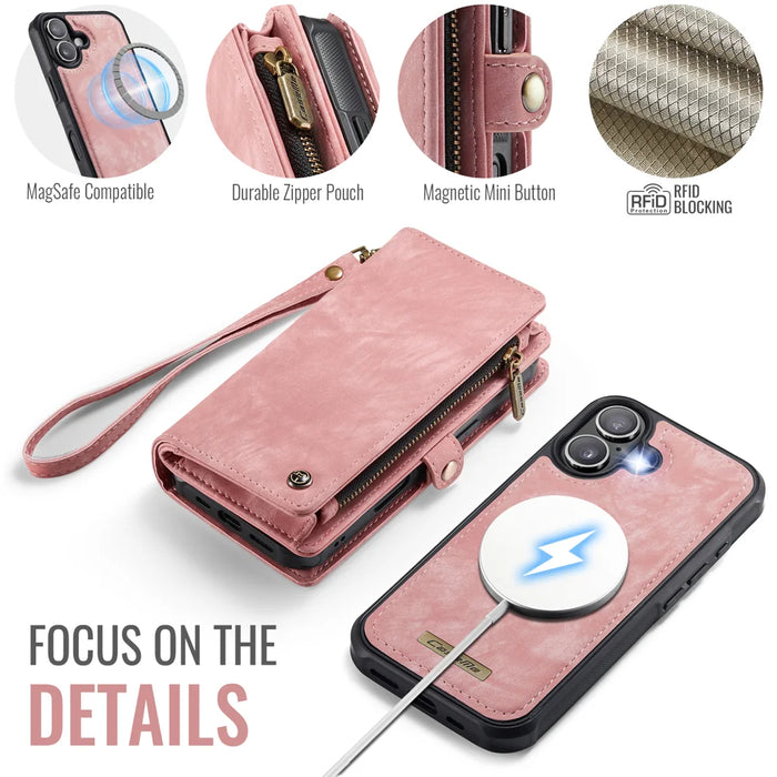 CASEME For iPhone 17 Phone Cases  008 Leather Cover with Detachable Wallet and Strap - Pink - 5