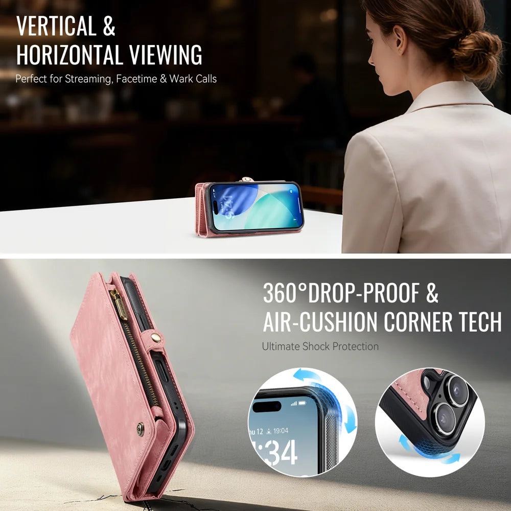 CASEME For iPhone 17 Phone Cases  008 Leather Cover with Detachable Wallet and Strap - Pink - 6