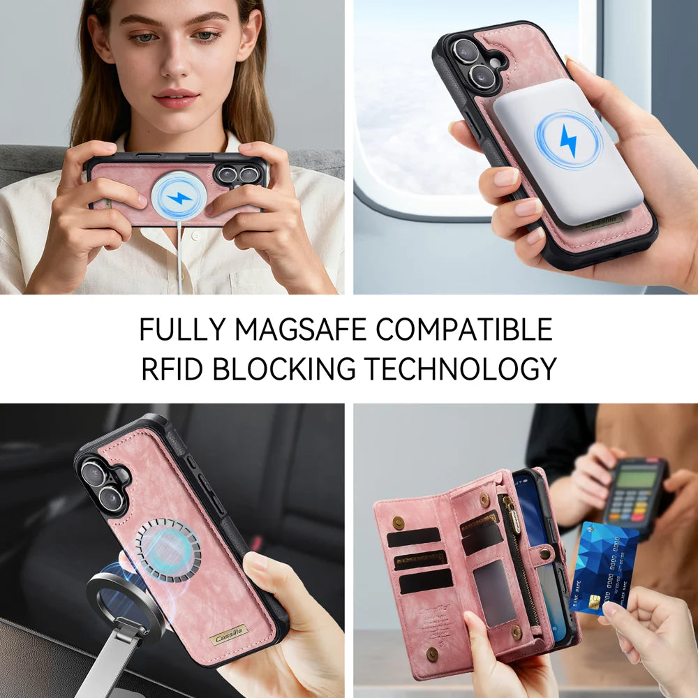 CASEME For iPhone 17 Phone Cases  008 Leather Cover with Detachable Wallet and Strap - Pink - 7