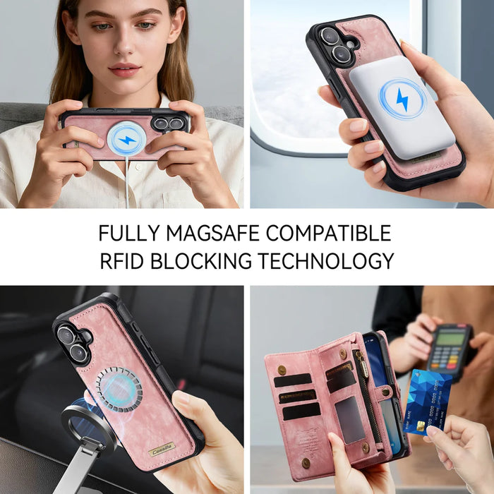 CASEME For iPhone 17 Phone Cases  008 Leather Cover with Detachable Wallet and Strap - Pink - 7