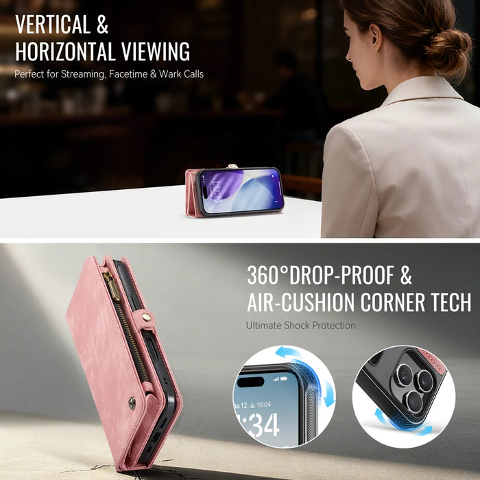 CASEME For iPhone 18 Pro Max / 17 Pro Max Phone Cases  008 Leather Cover with Detachable Wallet and Strap - Pink - 6