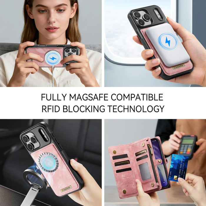 CASEME For iPhone 18 Pro Max / 17 Pro Max Phone Cases  008 Leather Cover with Detachable Wallet and Strap - Pink - 7
