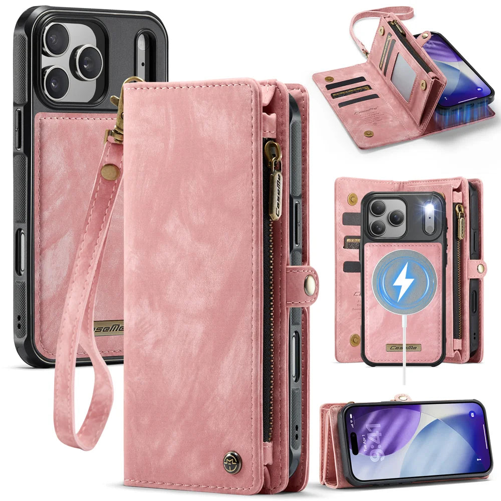 CASEME For iPhone 17 Pro Phone Cases  008 Leather Cover with Detachable Wallet and Strap - Pink - 1