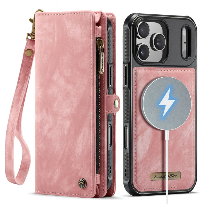 CASEME For iPhone 17 Pro Phone Cases  008 Leather Cover with Detachable Wallet and Strap - Pink - 2